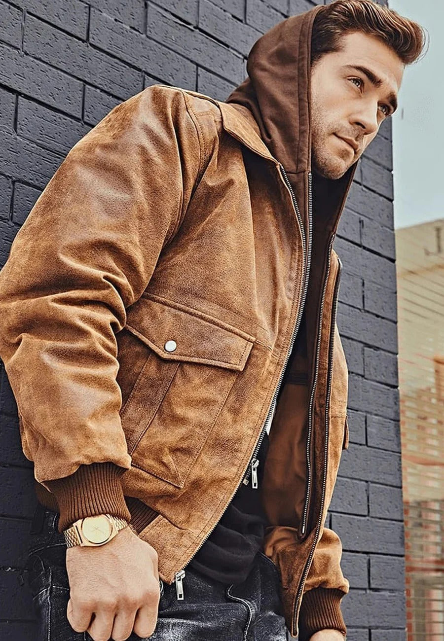 Men's Tan Brown Distressed Leather Bomber Jacket with Removable Hood Right Side View - Rugged Elegance