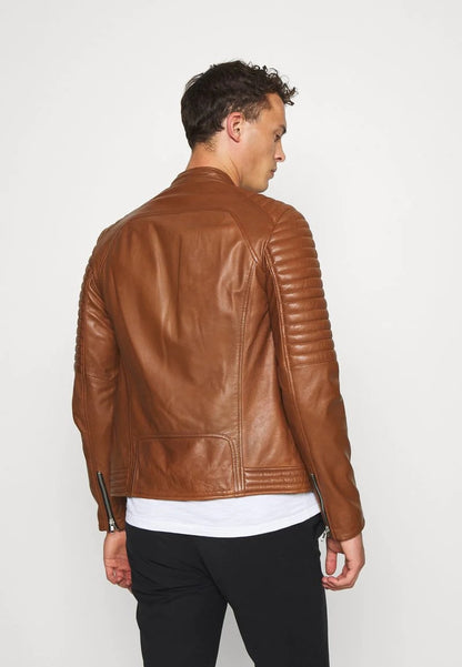 Men's Tan Brown Leather Biker Jacket Back View - Rugged Elegance