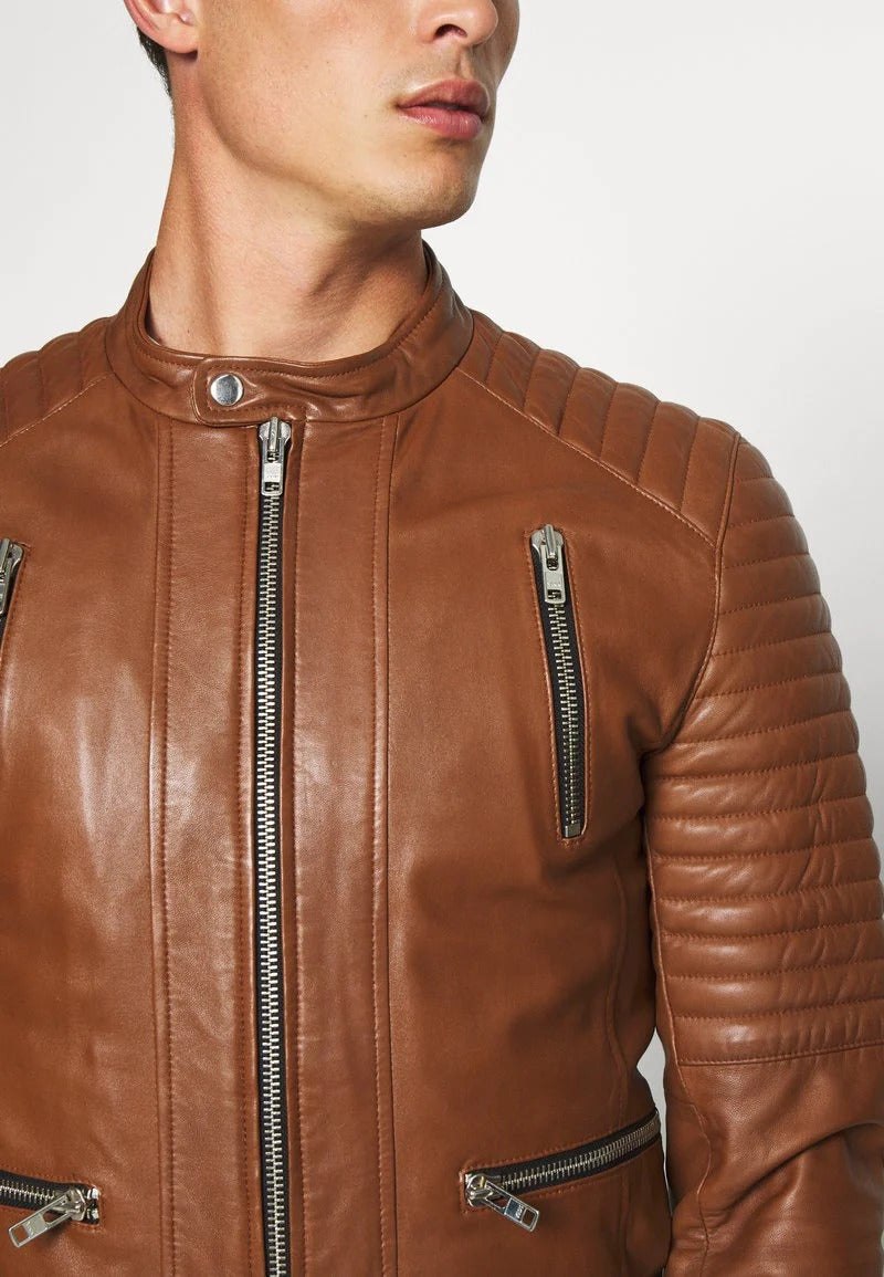 Men's Tan Brown Leather Biker Jacket Front Cloesup - Rugged Elegance