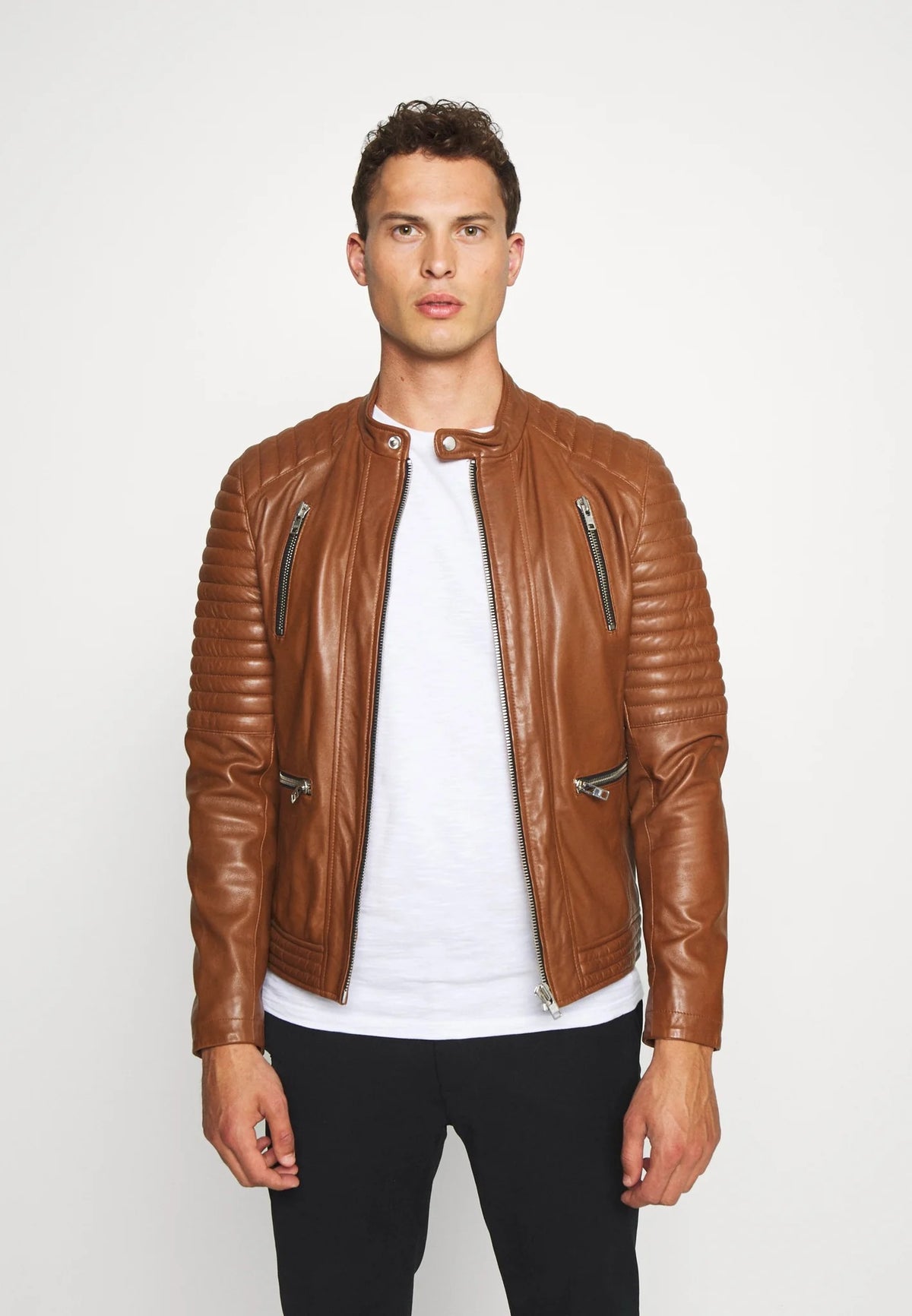 Men's Tan Brown Leather Biker Jacket Front View - Rugged Elegance
