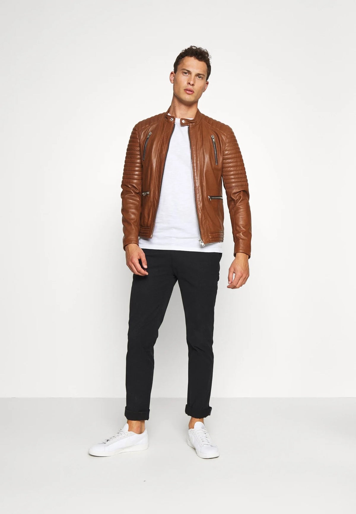 Men's Tan Brown Leather Biker Jacket Full Front View - Rugged Elegance