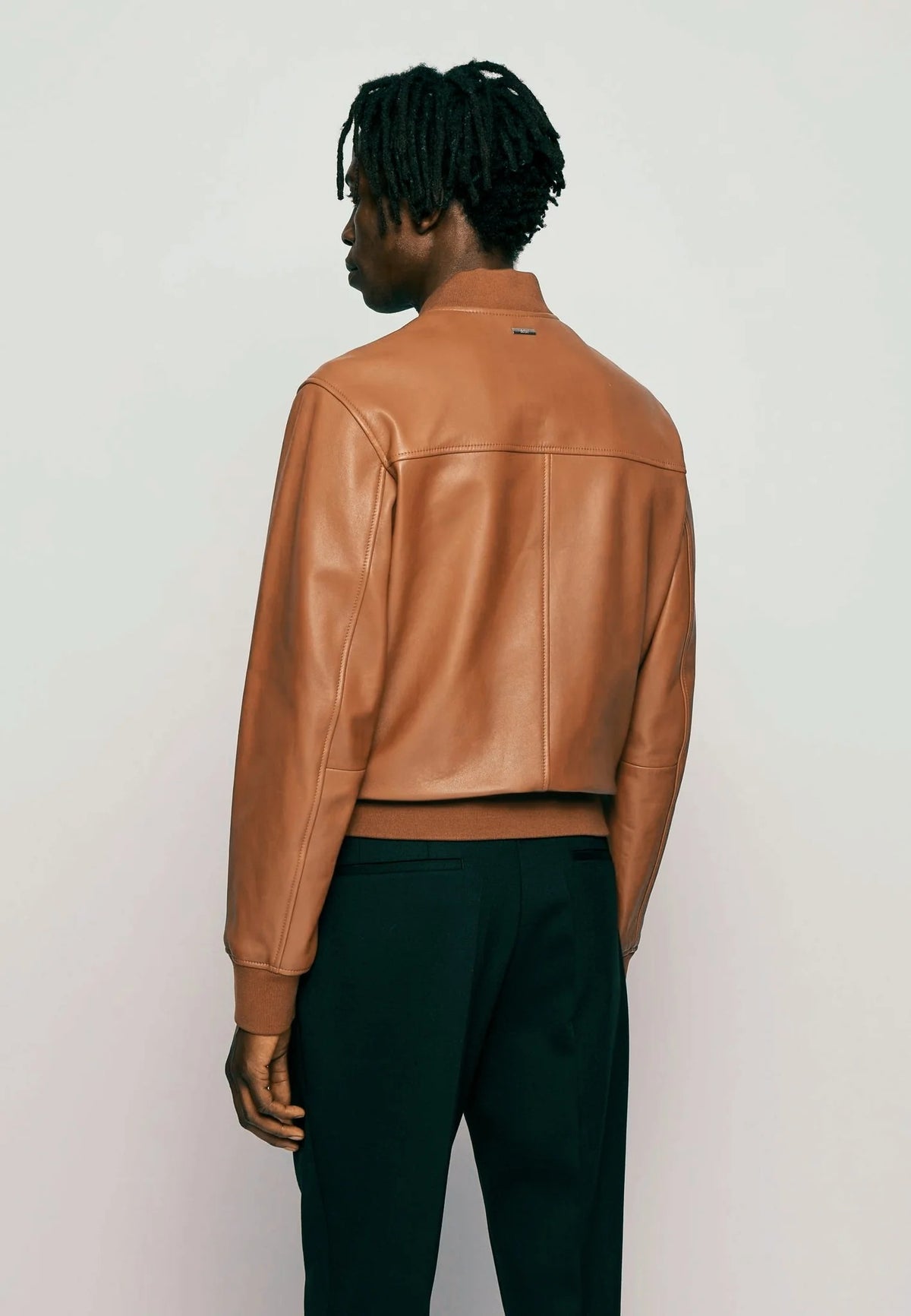 Men's Tan Brown Leather Bomber Jacket Back View - Timeless Style