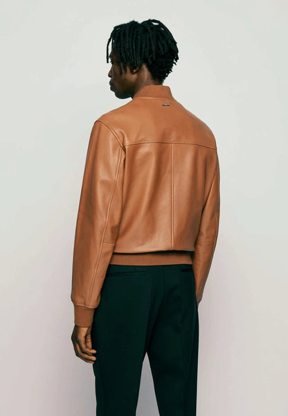 Men's Tan Brown Leather Bomber Jacket Back View - Timeless Style