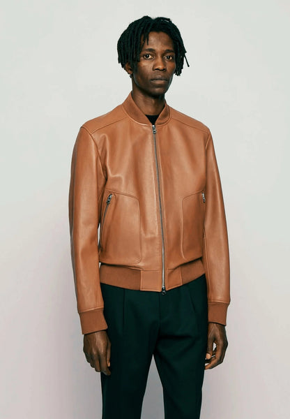 Men's Tan Brown Leather Bomber Jacket Front View - Timeless Style