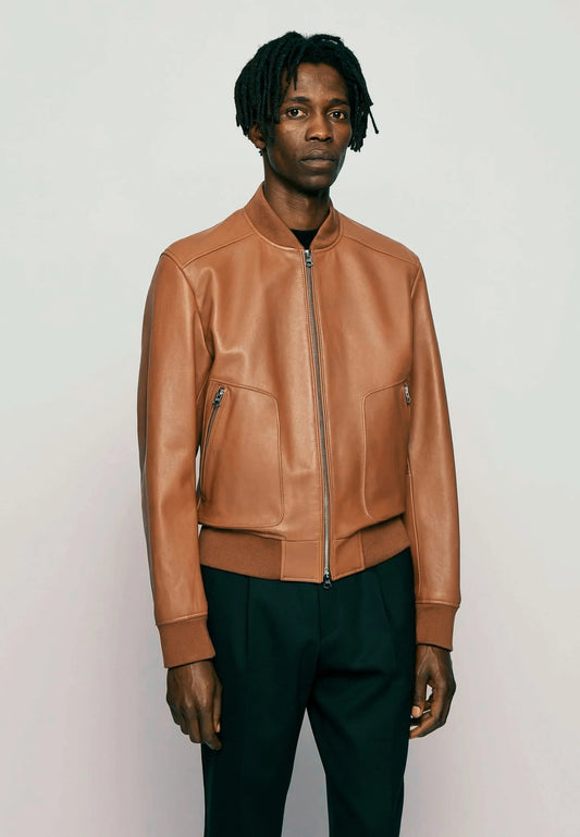 Men's Tan Brown Leather Bomber Jacket Front View - Timeless Style