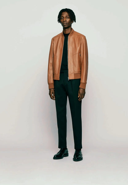 Men's Tan Brown Leather Bomber Jacket Full Front View - Timeless Style