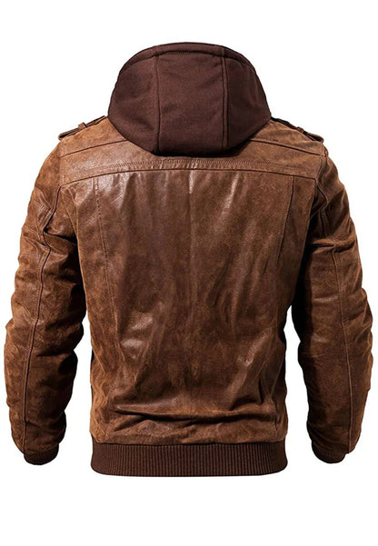 Men's Tan Brown Leather Bomber Jacket with Removable Hood Back View- Versatile Style