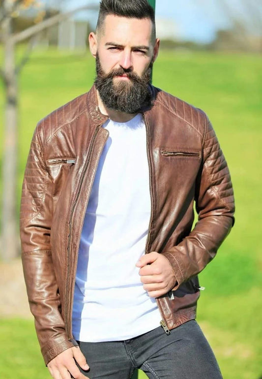 Men's Trendy Chocolate Brown Leather Biker Jacket Front View - Classic Design