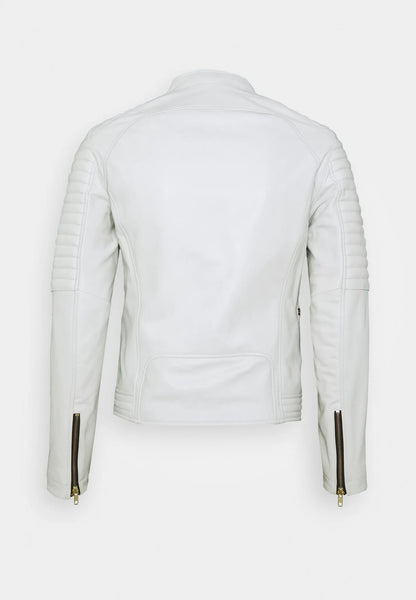 Men's White Leather Biker Jacket Back View - Sleek and Stylish