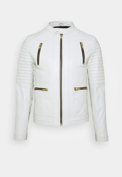 Men's White Leather Biker Jacket Front View - Sleek and Stylish