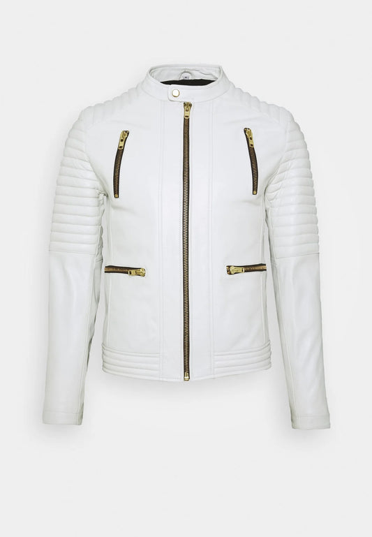 Men's White Leather Biker Jacket Front View - Sleek and Stylish