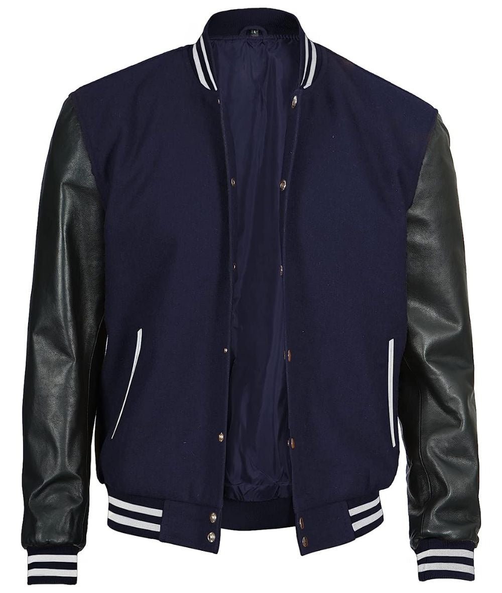 Men's Wool Navy Blue Varsity-Style Jacket with Black Leather Sleeves - Classic Look