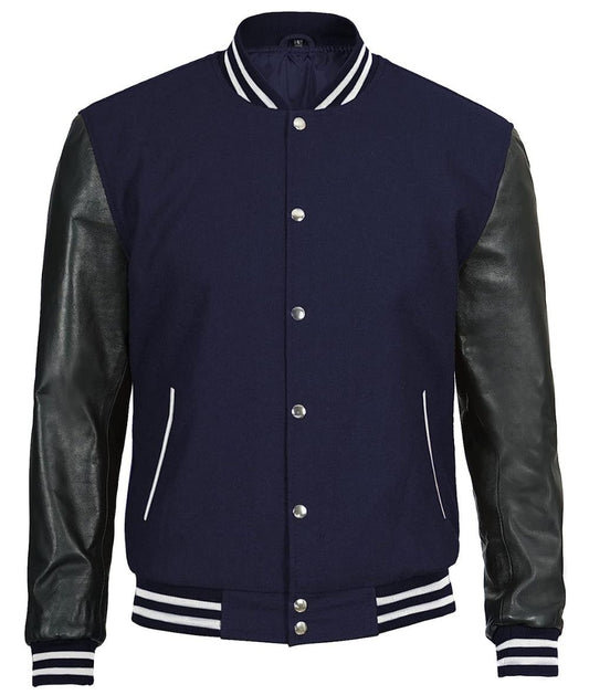 Men's Wool Navy Blue Varsity-Style Jacket with Black Leather Sleeves - Classic Look