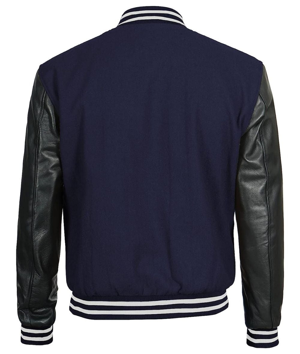 Men's Wool Navy Blue Varsity-Style Jacket with Black Leather Sleeves - Classic Look