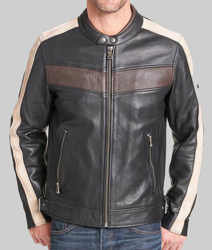 Mick Men’s Retro Striped Black Real Leather Cafe Racer Jacket