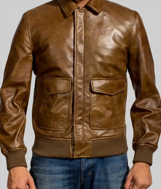 Men’s Milky Brown A-2 Leather Flight Bomber Jacket