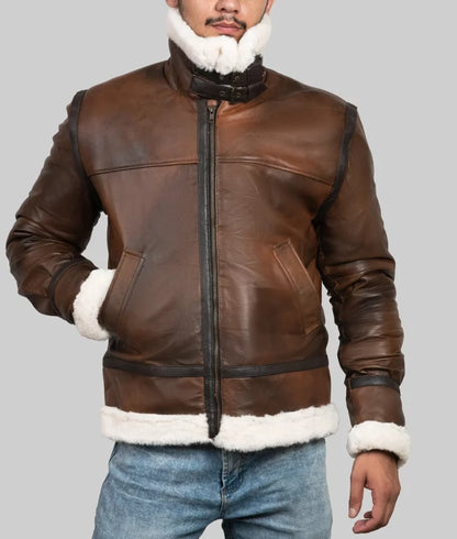 Monroe Men’s Dark Brown Shearling B-3 Bomber Leather Jacket