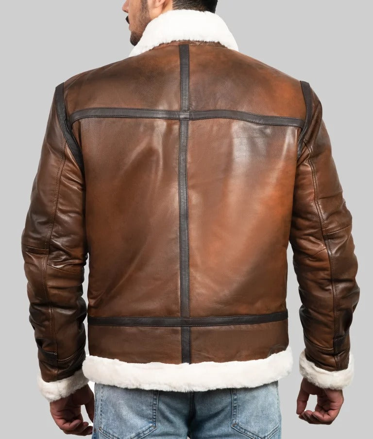 Monroe Men’s Dark Brown Shearling B-3 Bomber Leather Jacket