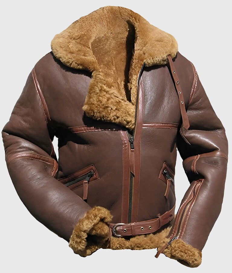 James Men’s Classic Brown B-3 Shearling Bomber Leather Jacket