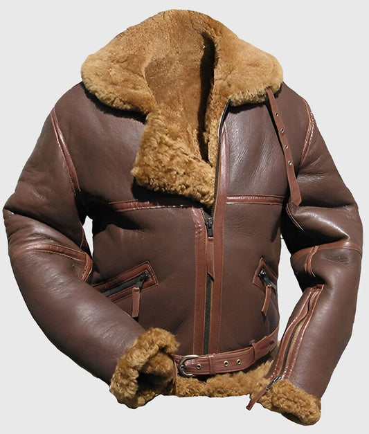 James Men’s Classic Brown B-3 Shearling Bomber Leather Jacket