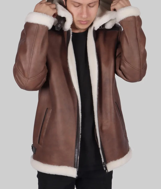Real Men’s Brown Hooded B-3 Shearling Bomber Leather Jacket