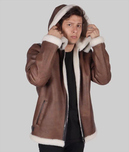 Real Men’s Brown Hooded B-3 Shearling Bomber Leather Jacket