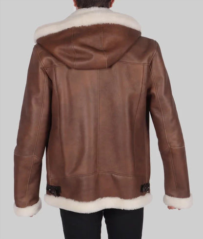 Nevis Men’s B-3 Hooded Brown Bomber Leather Jacket – Shearling Aviator Style