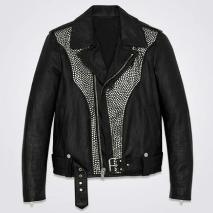 Men’s Black Silver Studded Punk Rock Cowhide Leather Biker Jacket with Belt