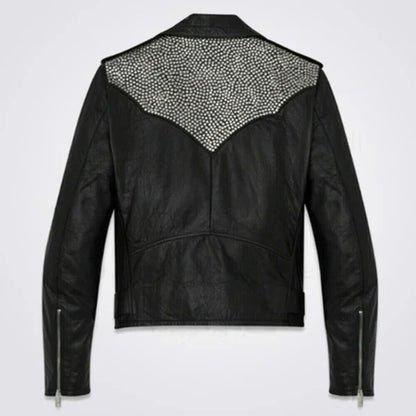 Men’s Black Silver Studded Punk Rock Cowhide Leather Biker Jacket with Belt