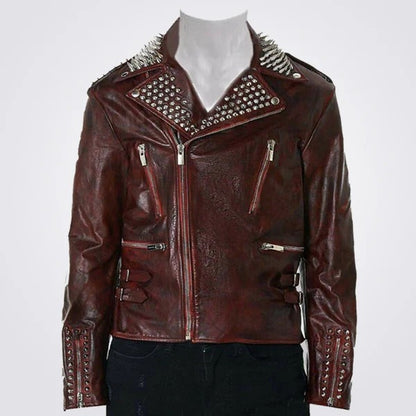 Men’s Full Red Waxed Metallic Spiked Studded Punk Leather Jacket