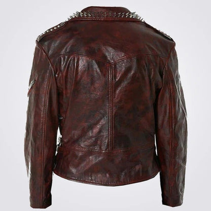 Men’s Full Red Waxed Metallic Spiked Studded Punk Leather Jacket