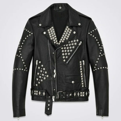 Men’s Handmade Black Full Silver Studded Punk Rivet Leather Jacket