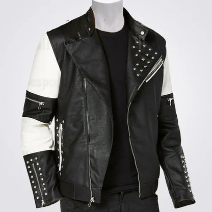 Men’s Two Tone Black & White Genuine Leather Silver Studded Biker Jacket