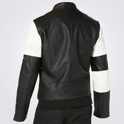 Men’s Two Tone Black & White Genuine Leather Silver Studded Biker Jacket