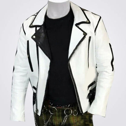 Men’s White Black Silver Studded Brando Cowhide Biker Leather Jacket