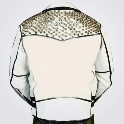 Men’s White Black Silver Studded Brando Cowhide Biker Leather Jacket