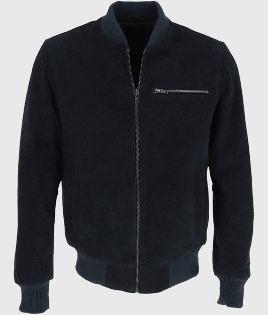 Noah Men’s Navy Blue Suede Bomber Leather Jacket