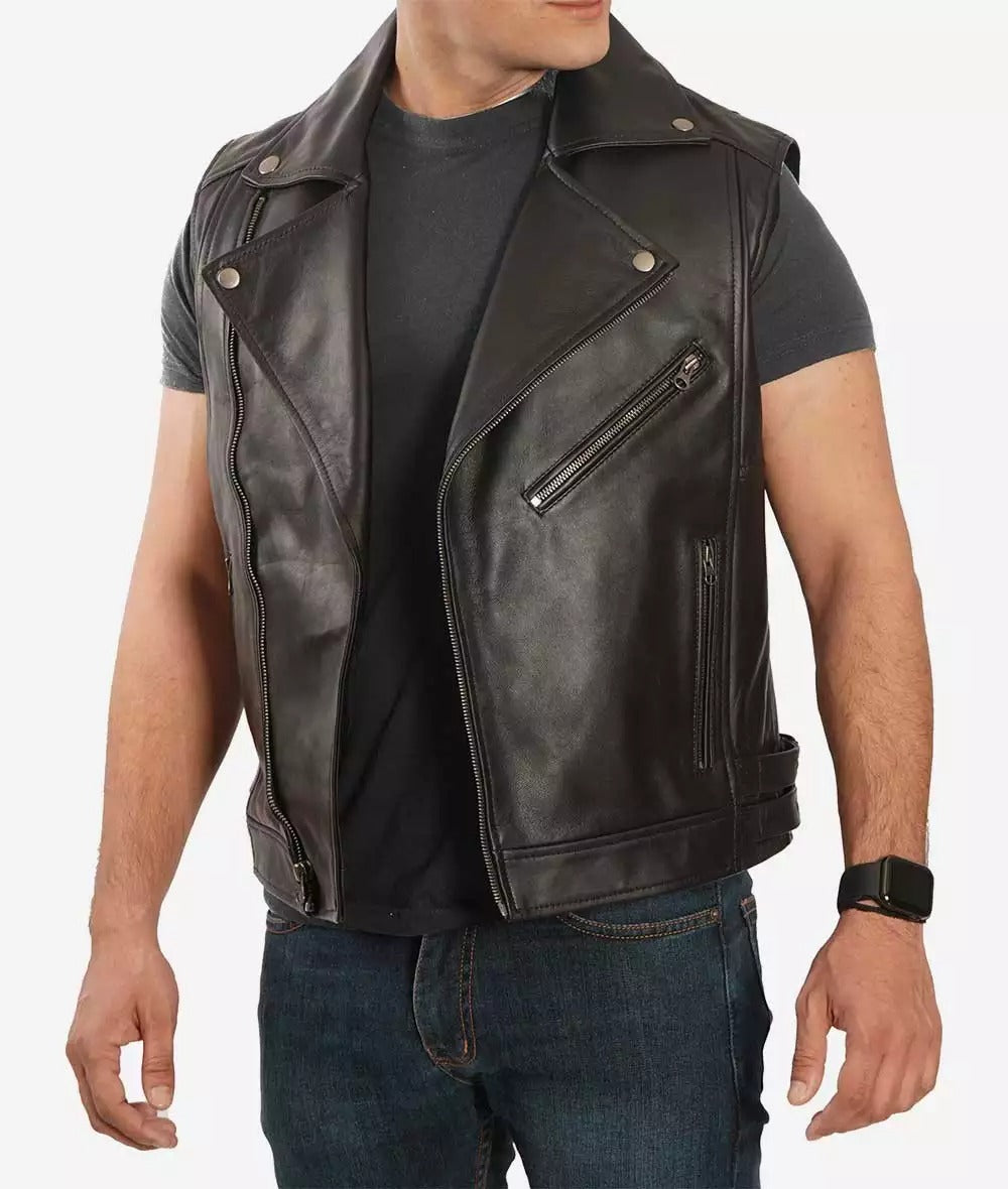 Nolan Men's Asymmetrical Black Leather Motorcycle Vest - Limited Availability