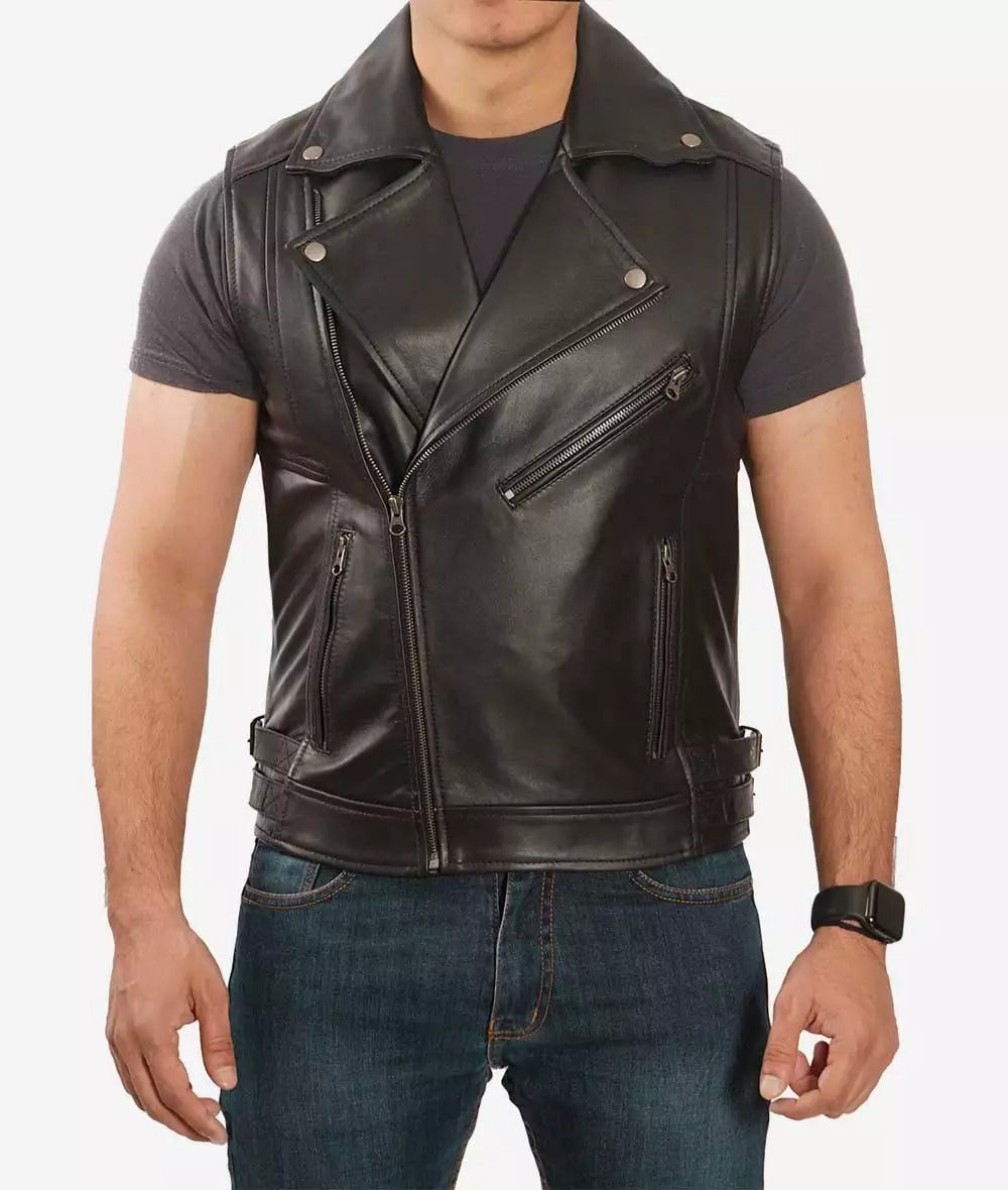 Nolan Men's Asymmetrical Black Leather Motorcycle Vest - Limited Availability