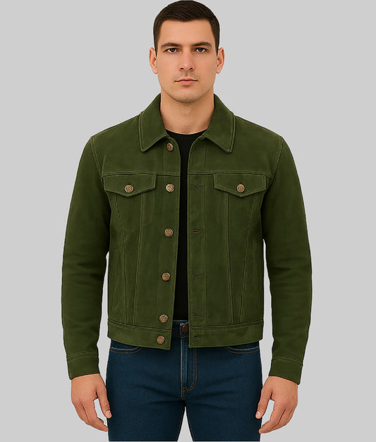 Onyx Men’s Olive Green Real Suede Utility Trucker Jacket