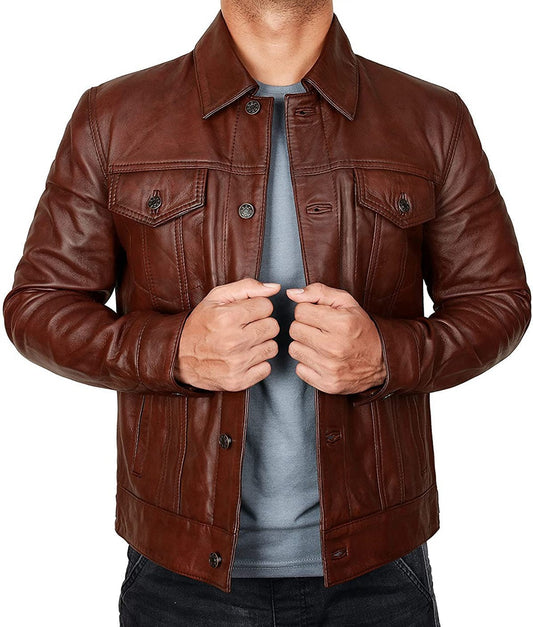 Owen Men’s Brown Vintage Leather Classic Trucker Jacket


