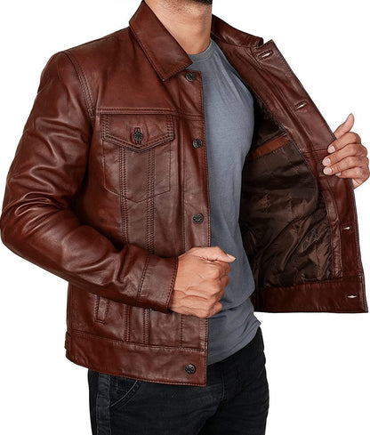 Owen Men’s Brown Vintage Leather Classic Trucker Jacket

