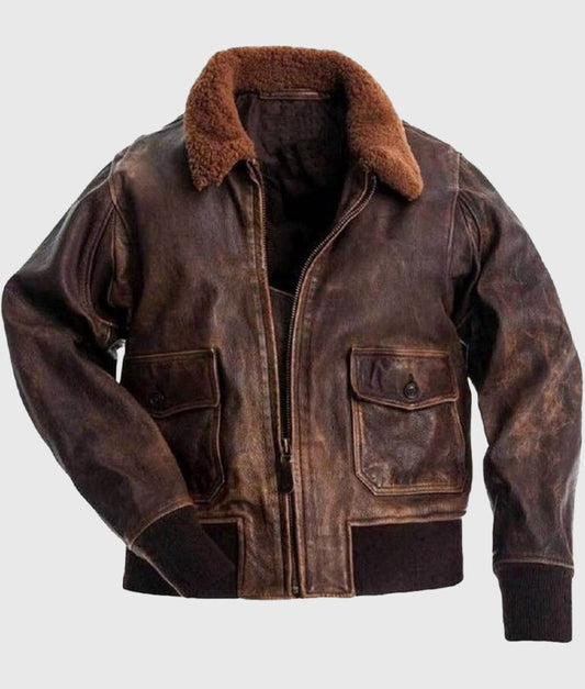 Trendy Men’s Distressed Brown G-1 Leather Bomber Jacket