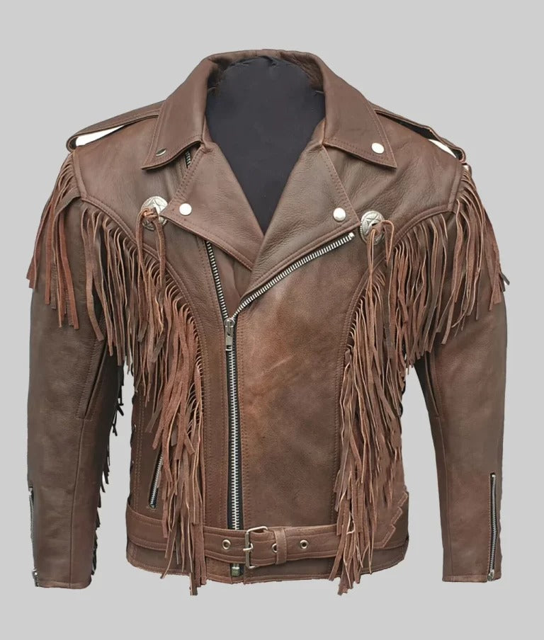 Paul Men’s Brown Double Rider Fringe Leather Jacket