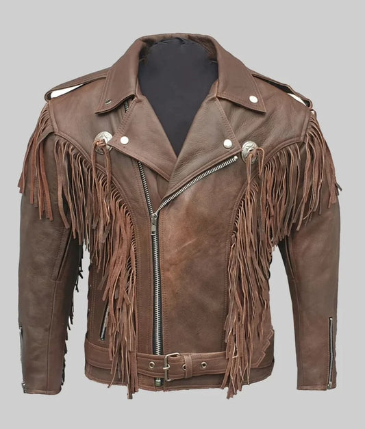 Paul Men’s Brown Double Rider Fringe Leather Jacket