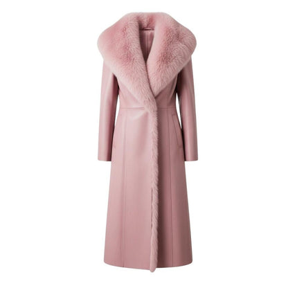 Pink Leather Long Coat – Fur Collar Winter Luxury