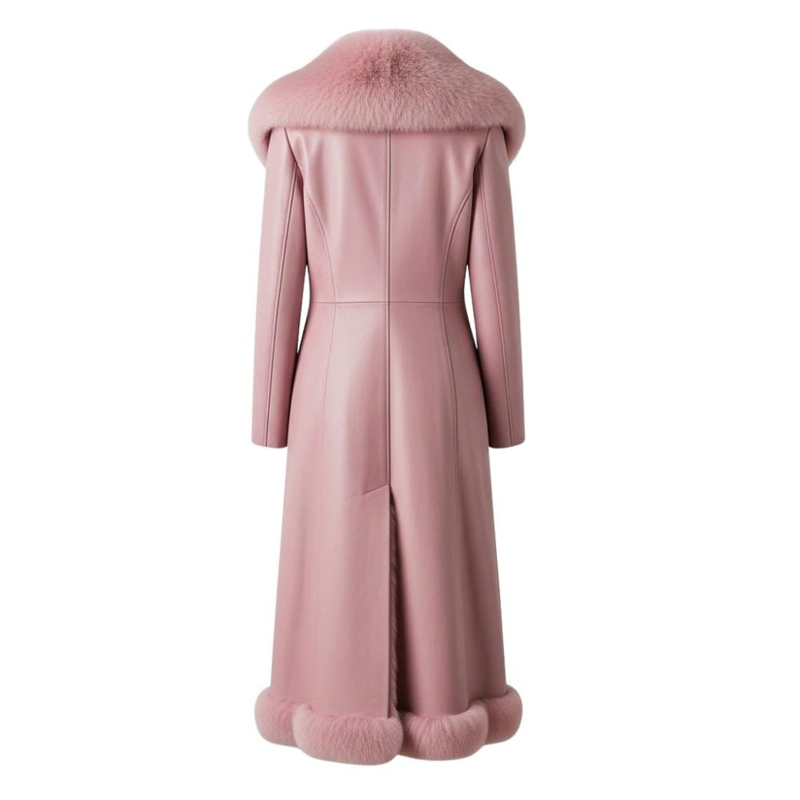 Pink Leather Long Coat – Fur Collar Winter Luxury