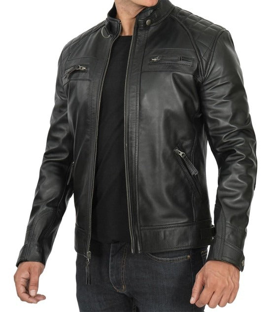 Premium Leather Classic Men's Black Café Racer Biker Jacket - Timeless Style