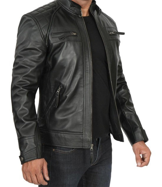 Premium Leather Classic Men's Black Café Racer Biker Jacket - Timeless Style