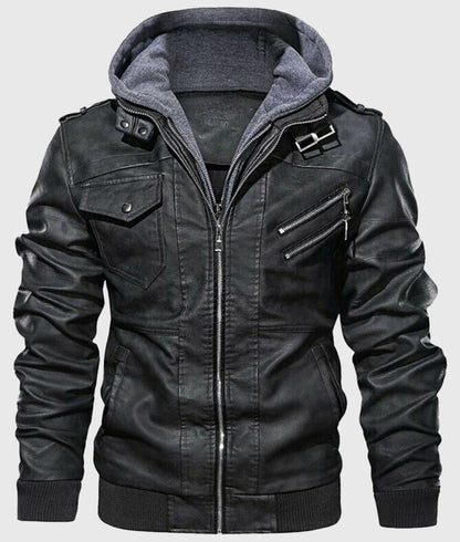 Quint Men’s Black Hooded Bomber Leather Jacket – Urban Street-Ready Style
